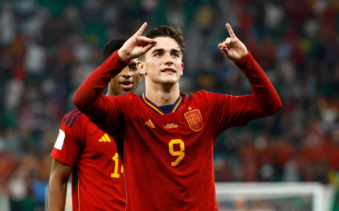 Gavi celebra un gol en la fase de grupos del Mundial de Fútbol Qatar 2022 entre España y Costa Rica en el estadio Al Zumama en Doha (Catar). EFE/José Méndez