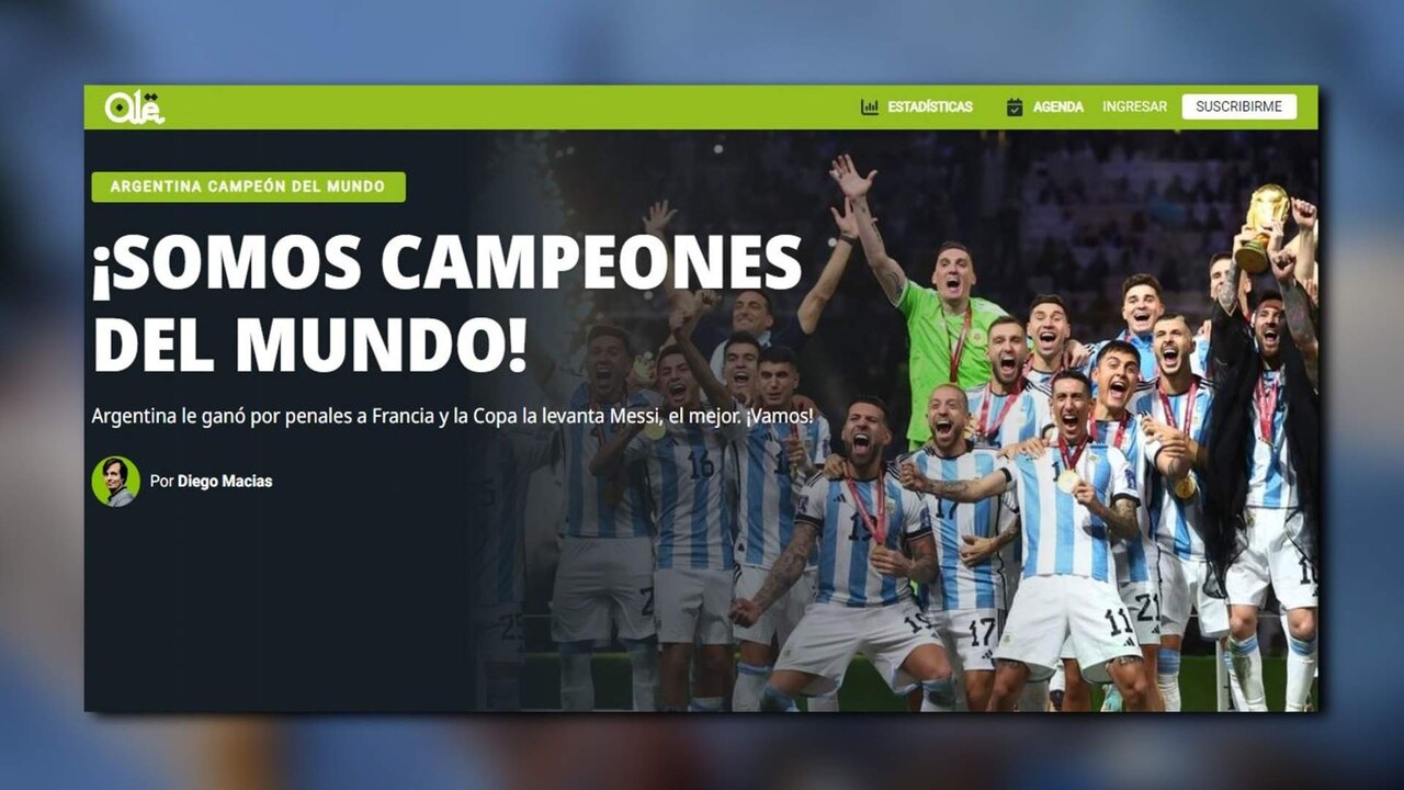 "¡Argentina campeón mundial!", es el unánime titular de la prensa del país suramericano tras el triunfo de la Albiceleste en la final del Mundial de Qatar 2022 sobre Francia, que le dio a la selección su tercer título, después de los logrados en 1978 y 1986. Tiempo: 01:32